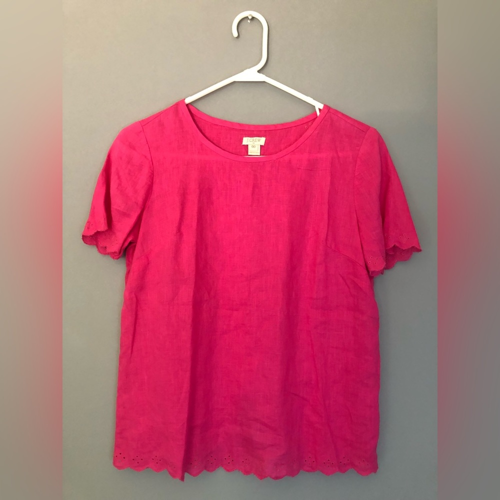 J.Crew Size 00 Linen Cross Back Eyelet Scallop Hen Short Sleeve Pink Top C4806